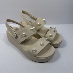 Crocs Brooklyn Platform Sandals Pearls Cream Womens 9 Comfort Shoe Slingback